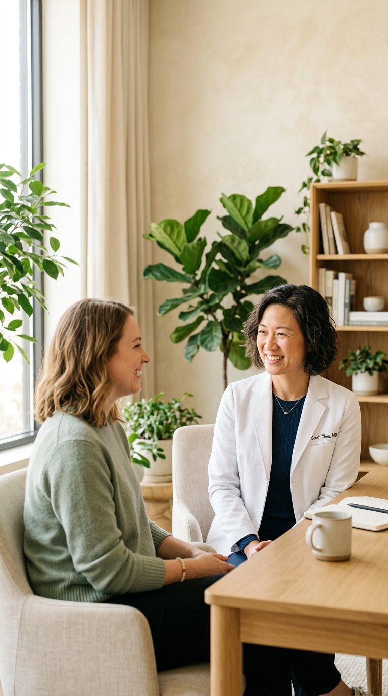 A clinician listens closely as a patient shares what matters to her